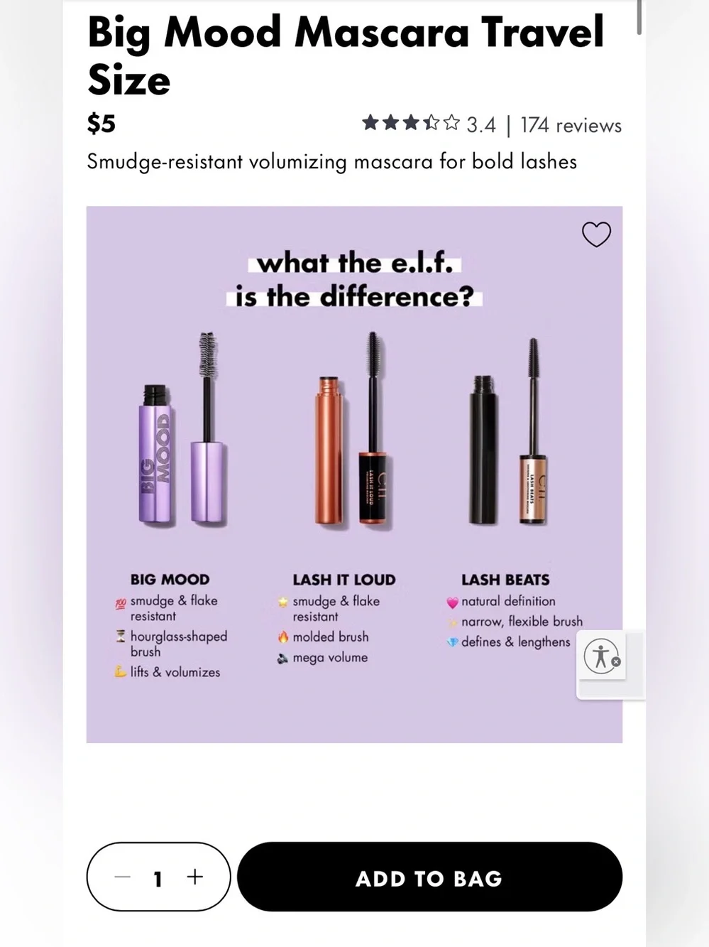 e.l.f. Big Mood Mega Volume & Lifting Mascara, Black 0.14oz Travel Size - 4 PACK